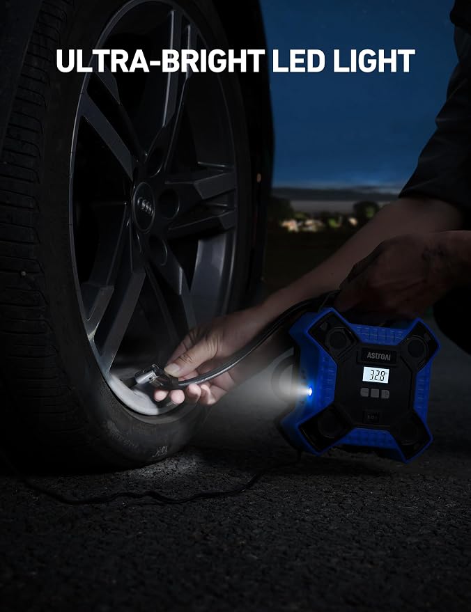 AstroAI 160PSI Tire Inflator Portable Air Compressor 12V DC Metal Cylinder | Auto Shut-Off 10Ft Cord LED Light Fast Inflation Air Pump for Car Tires, Bicycles, Motorcycles and Other Inflatables(Blue)