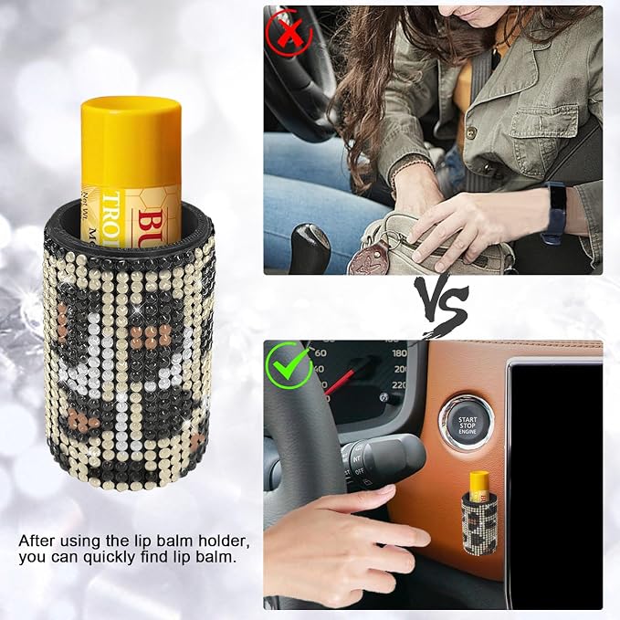 Upright Car Chapstick Holder, Bling Insulating Lip Balm Holder,Rhinestone Car Accessories for Women Interior ,Suitable for Most Vehicles. (Leopard print)