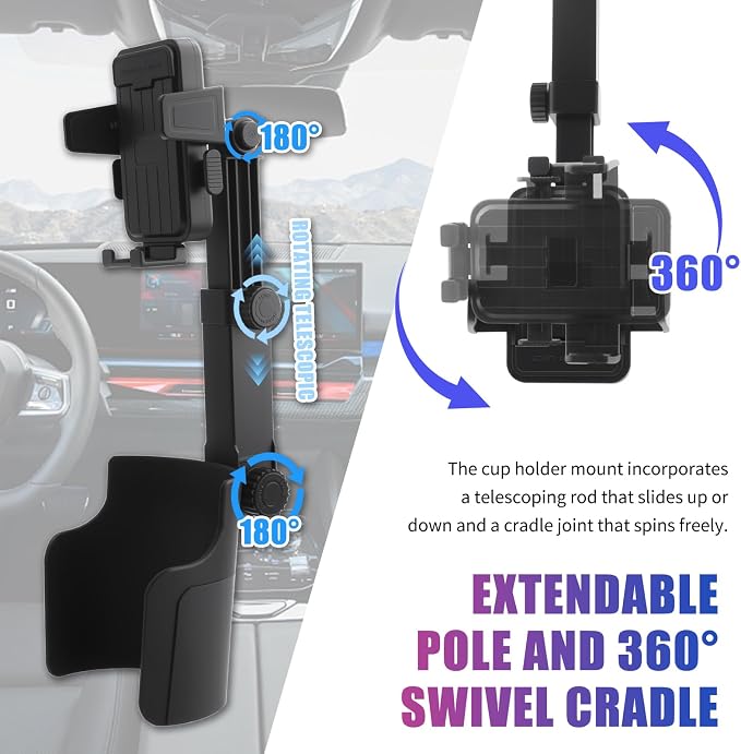 2-in-1 Cup Holder Phone Holder,Upgraded Version Cup Holders Phone Mount with Long Arm & 360° Adjustable,Cups Phones Holders for Car as Car Accessories for 4.7-7 inches Phones