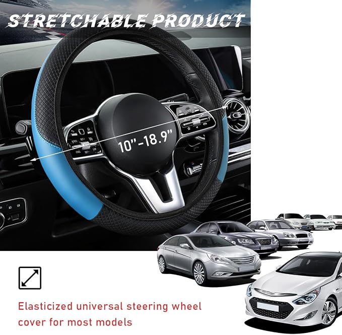 povtii Car Steering Wheel Cover, 15 Inch Leather Breathable Auto Steering Wheel Protector, Comfortable Non-Slip Vehicle Steering Wheel Covers, Universal Interior Car Accessories (Black+Blue, AD)