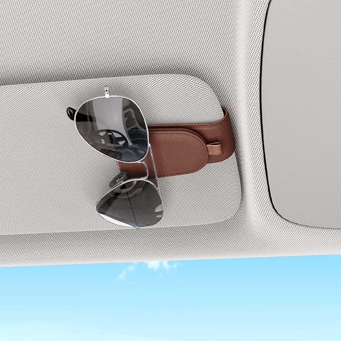 Sotfamily Sunglass Holder for Car Visor, Brown, 2 Packs | Suede Cloth, Magnetic, Organizer for Car Accessories