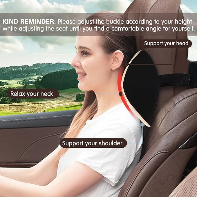 Make Restful Car Headrest Pillow, Car Pillow with Adjustable Strap, Beige | Breathable Removable Cover & Ergonomic Neck Support Cushion, Memory Foam Car Neck Pillow for Driving Fits Most Types of Seats