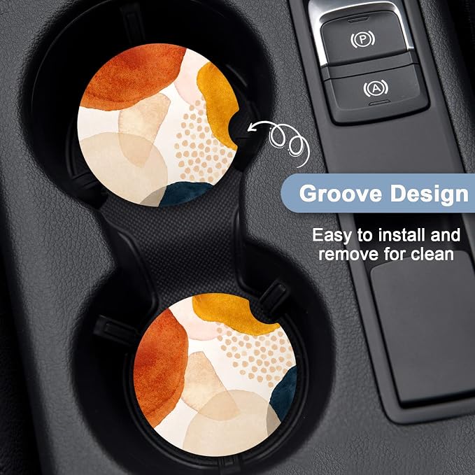 Nipichsha Car Coasters for Cup Holders, 2 Pack Absorbent Ceramic Car Cup Holder Coaster for Drinks, Cute Auto Assecories for Women Men, Size 2.56 in with Finger Notch & Cork Base, Simple Art