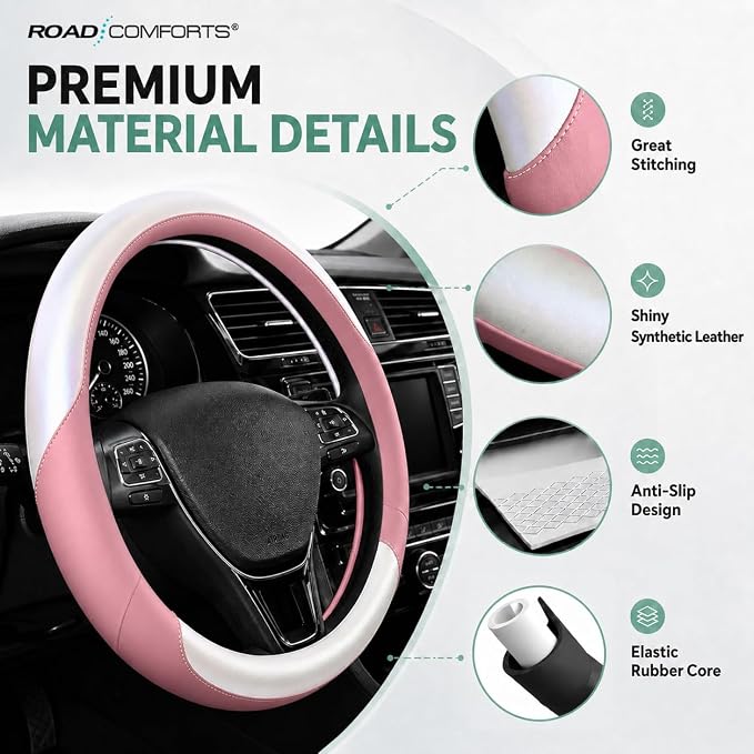 Road Comforts Steering Wheel Cover – Breathable Leather Steering Wheel Cover, Anti-Slip Grip, Universal Fit 14.5” to 15”, Heat & Cold Resistant for Cars, SUVs, and Trucks –Shining White & Pink