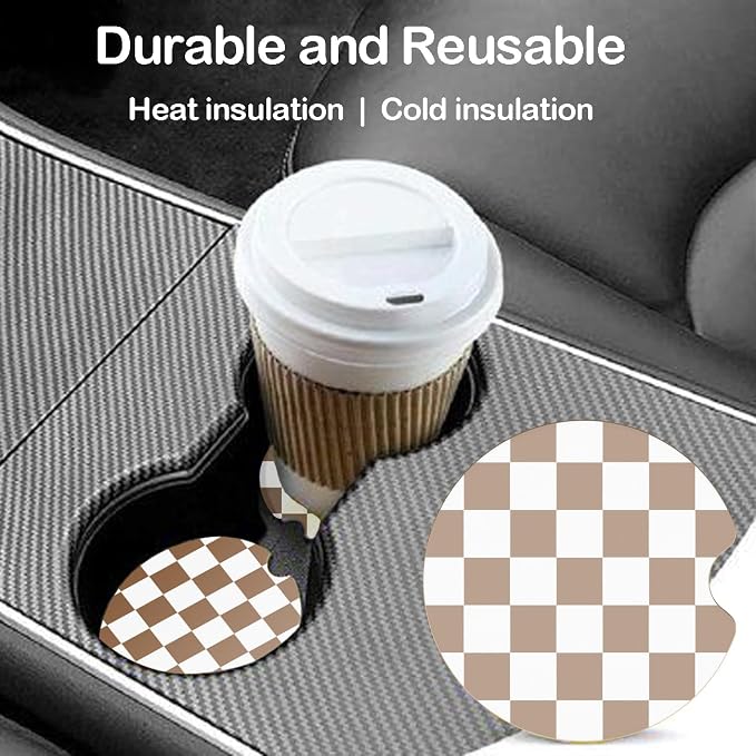 Ceramic Car Coasters – Absorbent Car Cup Holder Coaster Set for Women, Cute Aesthetic Car Accessories for Girls, 2 Pack (Brown)