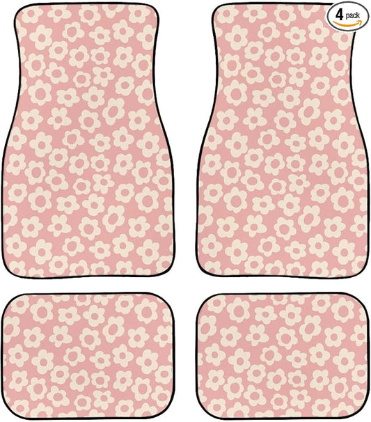 Vintage Pink Flower Print Car Floor Mats Set of 4 Cute Floral Universal Vehicle Floor Carpet Decorative Auto Front Rear Foot Rugs for Trucks SUV Sedan