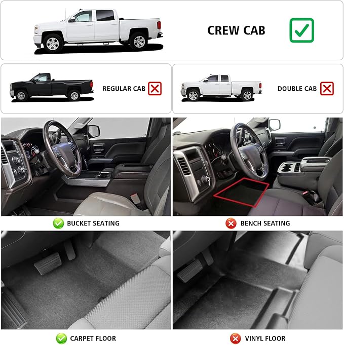 Floor Mats for 2014-2018 Chevrolet Chevy Silverado/GMC Sierra 1500 Crew Cab | All Weather Car Mats for 2015-2019 Silverado/Sierra 2500 HD/3500 HD Crew Cab, TPE Floor Liners for Silverado Accessories