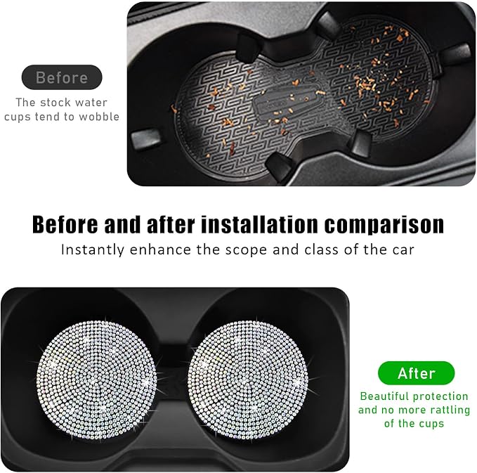 Ziciner 2PCS Bling Car Cup Holder Coaster, 2.73 Inch Anti-Slip Cup Insert Coasters, Crystal Rhinestone Auto Drink Cup Mat, Universal Interior Decor Car Accessories for Women Girls (AB)