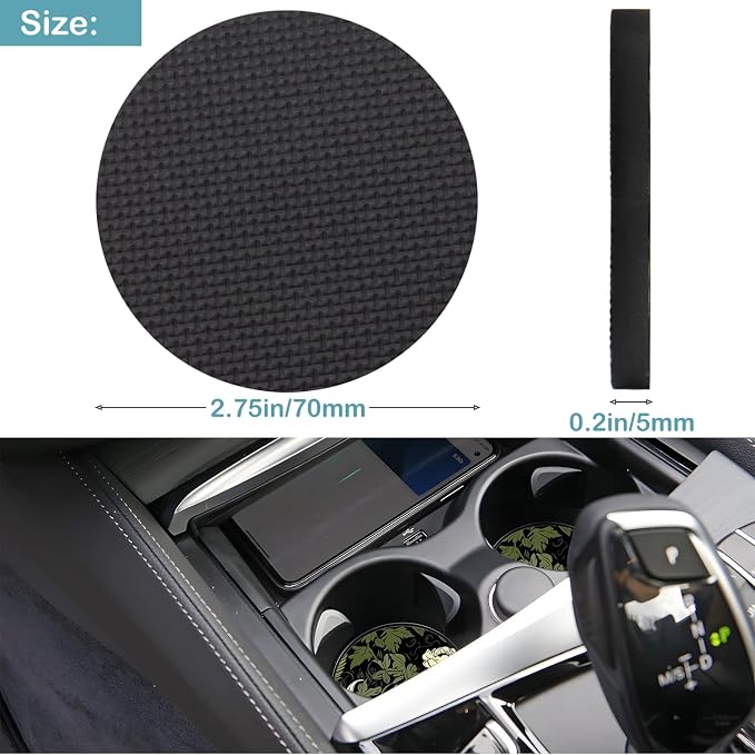 Car Cup Holder Coasters, 2 Pack – 2.75" Universal Auto Anti-Slip Insert Coaster, Rubber Car Coasters, Personalized Car Accessories for Women (Sage Green Floral and Plant)