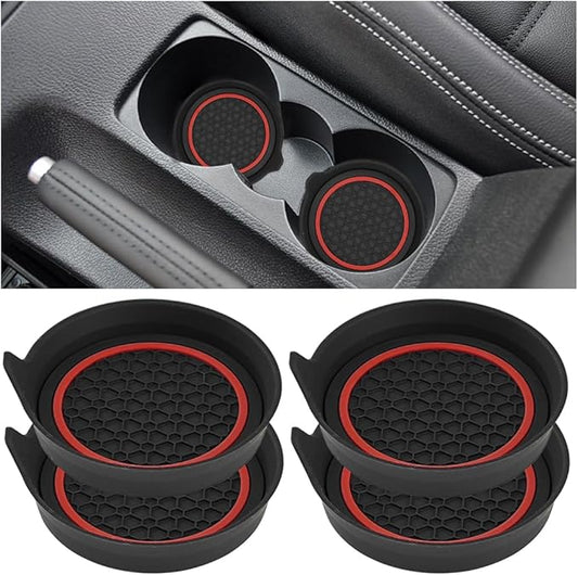 HZEL Car Cup Holder Coasters, 4PCS Non Slip Waterproof Vehicle Water Bottle Pads, Recessed Automotive Interior Drink Mat Decoration Accessories, Universal for SUV Sedan Truck (Red/Black)