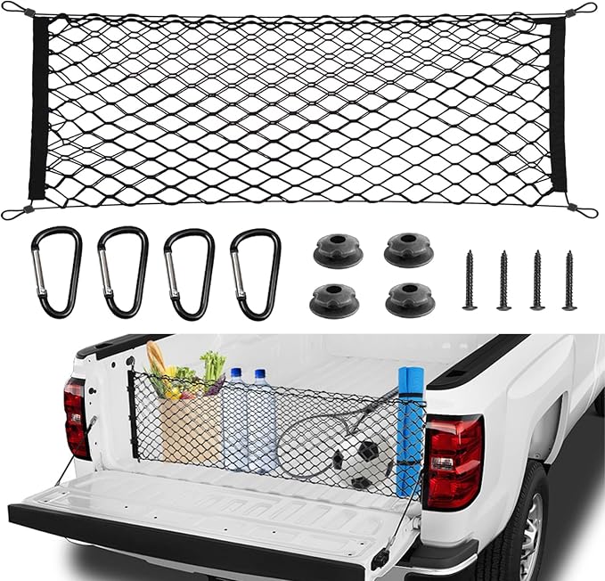 BAILALIBO Cargo Net for Pickup Truck Bed, 50x18 in | Stretchable elastic net, adjustable tailgate hook, fits Chevy Silverado/Ford F150/F250, heavy-duty truck bed storage
