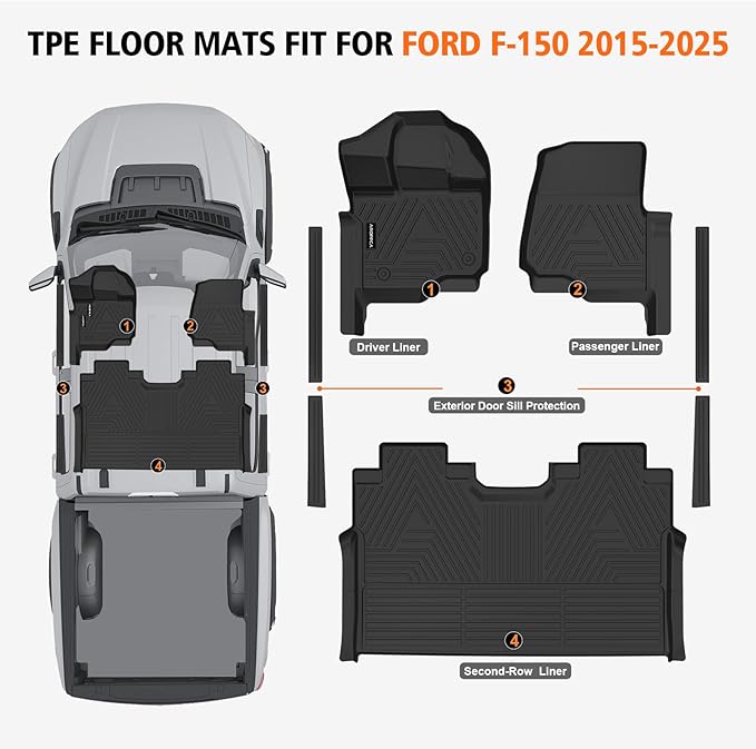 All Weather Floor Mats for Ford F150/F-150 2015-2025 SuperCrew Cab | TPE Rubber Floor Liners Anti-Slip Full Set Automotive Mats for 2025 Ford F-150 (Includes 22-24 Lightning Models) Accessories