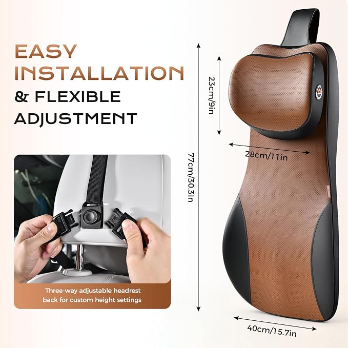 Coverado Neck and Lumbar Support for Car, Ergonomic Memory Foam& Breathable Leather Car Back Support, Adjustable-Height Velcro Design Car Neck Pillow, Car Cushion Neck Back Pain Relief, Black&Brown