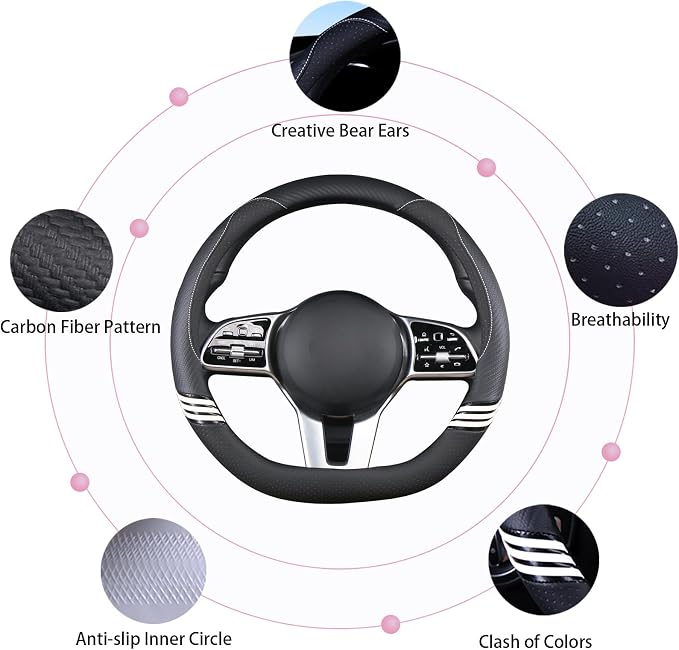 15 inch Cute Leather D Shape Steering Wheel Cover Black | Breathable Faux Leather and Carbon Fiber Flat Bottom Car Accessories for Women Men Universal 14.5 inch to 15 inch