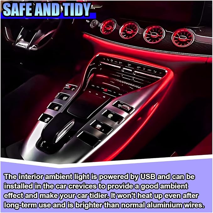 ZIMISI EL Wire Car Interior LED Strip Lights, Neon Light Strip (Red) | 5V 16FT Car Ambient Lighting Decorations with Sewing Edge, USB Electroluminescent Car Interior Lights with Fuse Protection