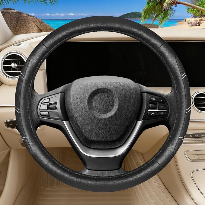 Car Steering Wheel Cover, 15 Inch Leather Breathable Auto Wheel Protection Cover with Non-Slip Lining, Padded Soft Grip Vehicle Steering Protector, Universal Fit (Black)