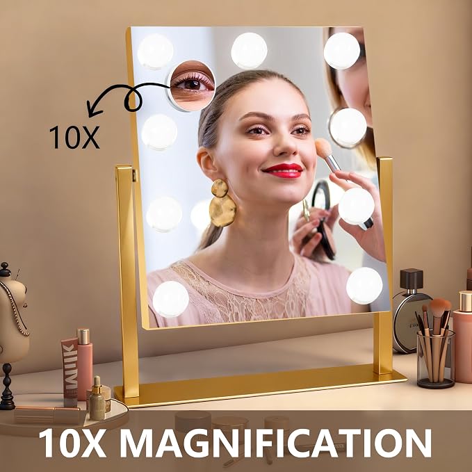 Ratsamee Portable Travel Makeup Mirror with Lights, 2500mAh Rechargeable Vanity Mirror with Touch Control, 3 Color Lighting Dimmable, 7x10Inch Adjustable Desktop Cosmetic Mirror for Bathroom, Bedroom