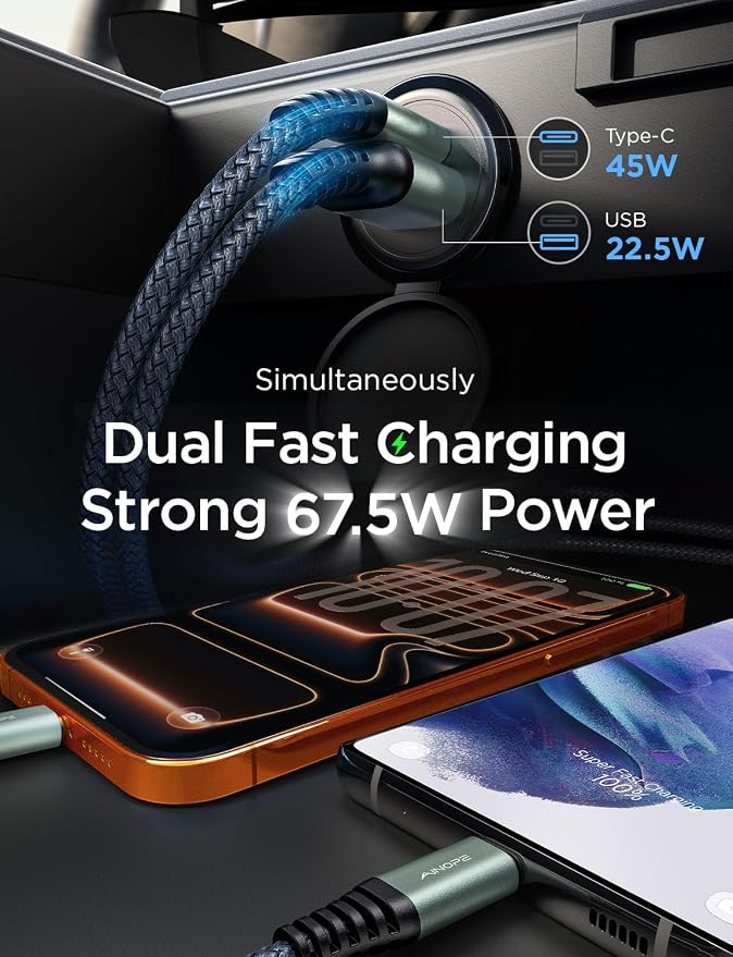 AINOPE 67.5W Car Charger USB C Fast Charge, USB C Car Charger Fast Charging | 【Mini & Metal】 Cigarette Lighter Adapter USB-C Type C Car Charger for iPhone 17 16 15 Pro Max, for Samsung S26 S25