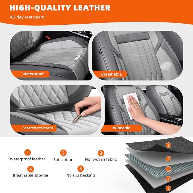 Universal 5-Seater Waterproof Breathable Nappa Leather Car Seat Covers Full Set, Compatible with Toyota Corolla Camry, Lexus LS400, Nissan Rogue, Fit Front Rear Seats Most Sedans SUV- Gray