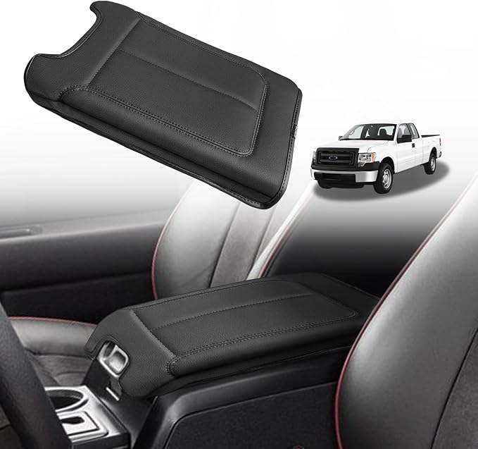 Muslogy Center Console Armrest Cover Fit for Ford F-150 F150 2009-2014 Accessories, Comfort Armrest Pad Console Lid Cushion Vegan Leather Regular Thick(Bucket Seat ONLY)