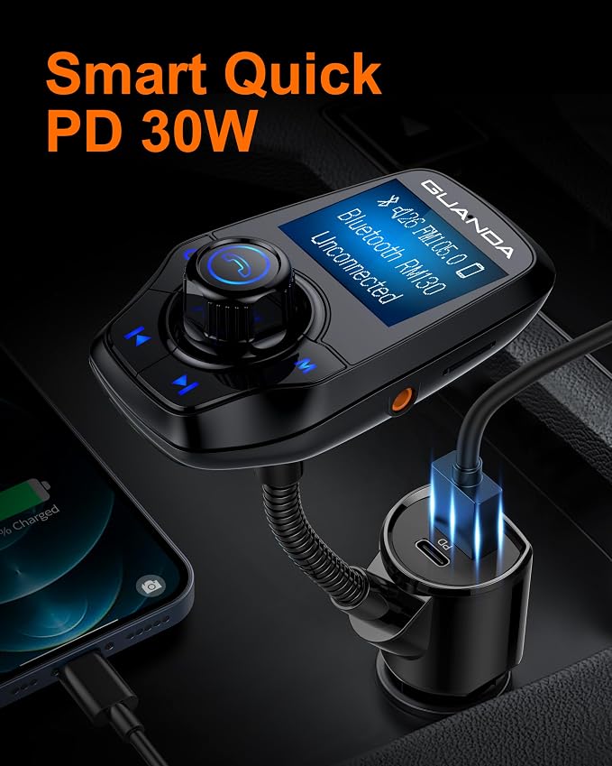 FM Transmitter Bluetooth 5.3 for Car, Bluetooth Radio Adapter Transmitter for Car, Wireless Audio Transmitter and Receiver 1.44" Display AUX in/Out SD/TF Card USB C Charger [PD 30W], GUANDA
