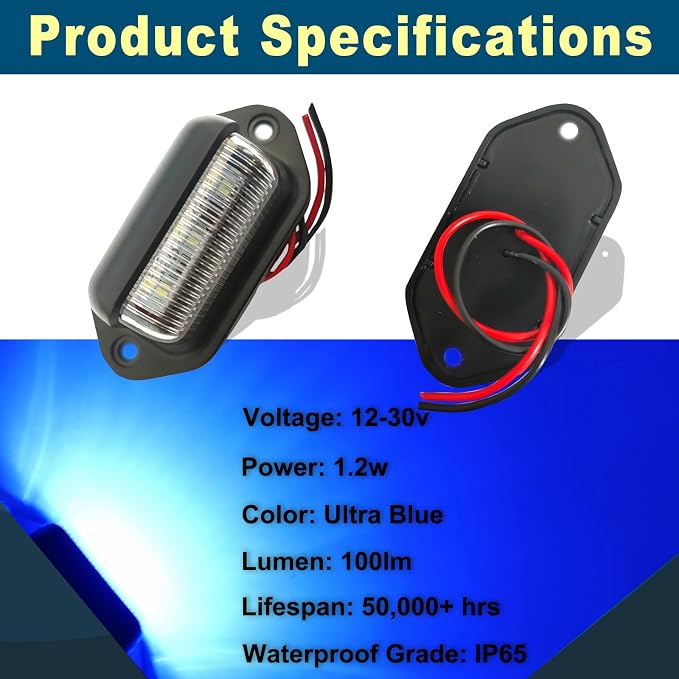 4PCS Blue LED License Plate Light, 12V-24V DC Waterproof 6-SMD License Plate Lamp Taillight, Universal for Truck SUV Trailer Van RV Boats as Step Courtesy Light, Dome/Cargo Lights or Under Hood Light