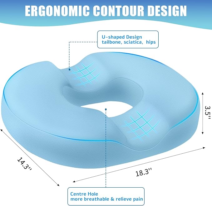 BlissTrends Donut Pillow Seat Cushion, Donut Chair Cushions for Postpartum Pregnancy & Hemorrhoids, Tailbone Pain Relief Cushion, Lifting Cushions for Office & Home Chairs (Light Blue, X-Large)