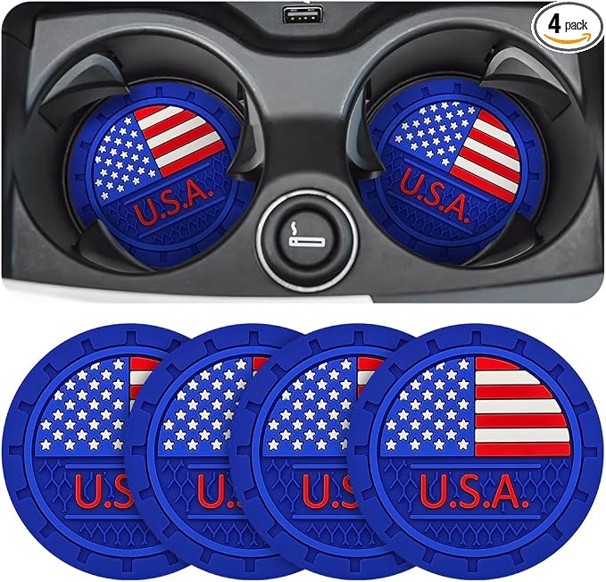 AUCELI 4 Pack Car Cup Holder Coasters, Colored American Flag US Flag Insert Car Cup Coaster, 2.75 Inch Anti Slip Shockproof Embedded Drink Mat, Vehicle Interior Decor Accessories