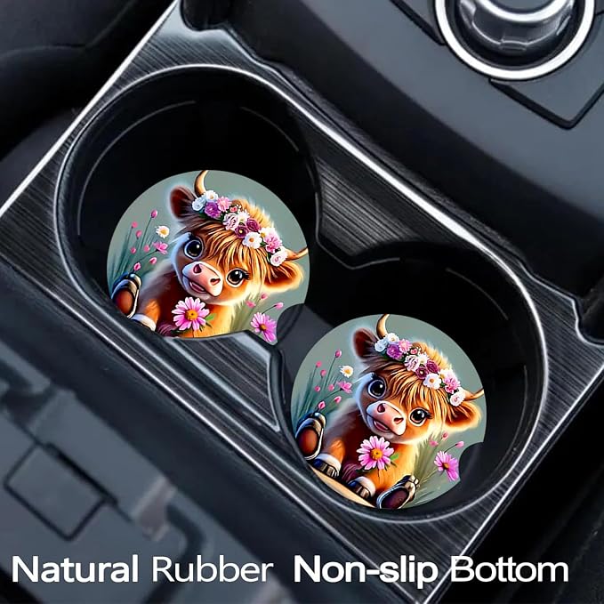 2 Pack Highland Cow Floral Car Cup Holder Coasters Universal Neoprene Mat | 2.75" Universal Size Anti Slip Rubber Mat, Auto Cup Holder Accessories for SUV Truck, Cow Lovers Gifts for Women Men Mom