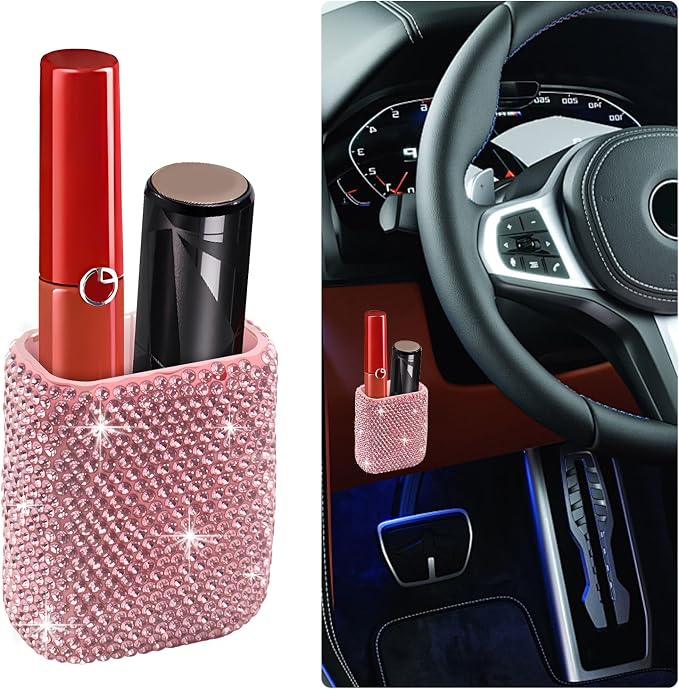 Bling Chapstick Holder for Car with Rhinestone,Portable Car Chapstick Holder as Chapsticks Organizer,Self-Adhesive Cars Lip Balm Holders Cars Interior Accessories for Women (Pink)