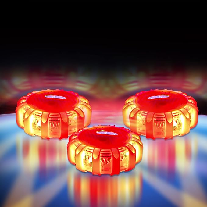 STP Emergency Auto LED Road Flare Discs, 8 Flash Modes/2 Mounting Options, 1 Mile Signal Viability, Includes Carrying Bag, Battery-Powered: Requires 3 AAAS, 3-Pack