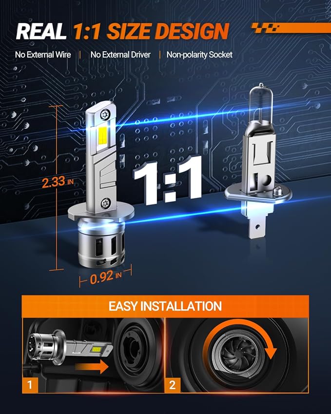 SEALIGHT H1 Fog Bulbs, 40000LM 6500K Cool White, 1:1 Mini Size, H1 Bulb Light with 13000RPM Cooling Fan, 3 Mins Plug-N-Play, IP67 Waterproof Non-polarity, Pack of 2