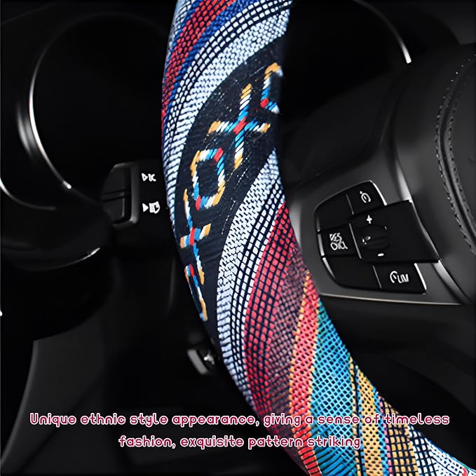 Boho Steering Wheel Cover, Anti-Slip Coarse Flax Cloth Ethnic Style Auto Wheel Cover, Breathable Boho Auto Steering Wheel Protector for Women Men, Car Accessories (Style D)