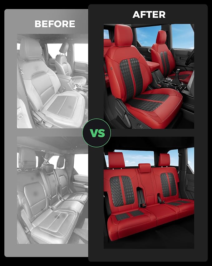 Custom Fit Leather Seat Covers for 2021-2026 Ford Bronco 4 Door | OEM fit, premium waterproof leather, full coverage, anti-slip, storage pockets, long-term durability, airbag compatible