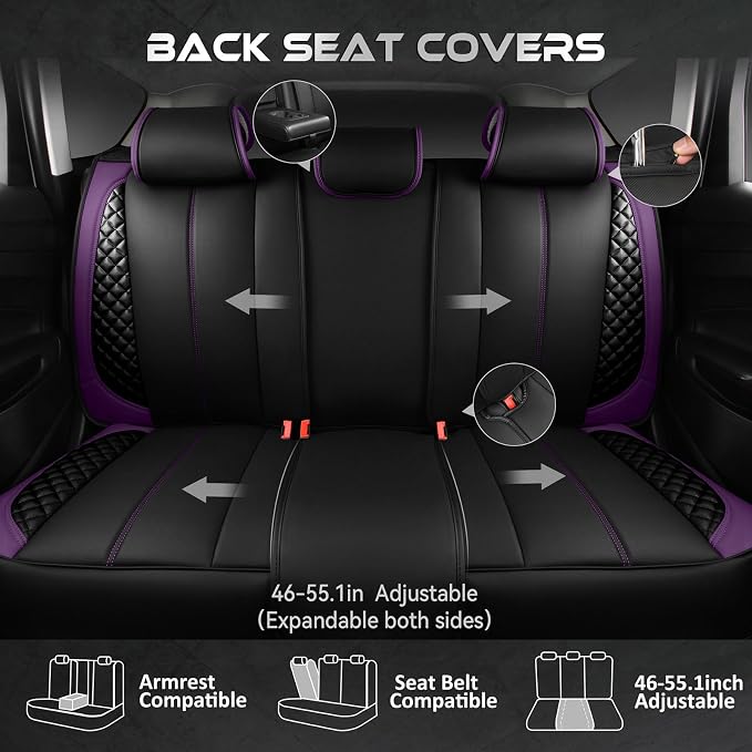 CAR PASS Nappa Leather Car Seat Covers Full Set Waterproof Protector Durable Cushioned,Universal Fit for Sedan SUV Pick-up Truck,Automotive, Anti-Slip and Backseat Luxury Premium(Black and Purple)