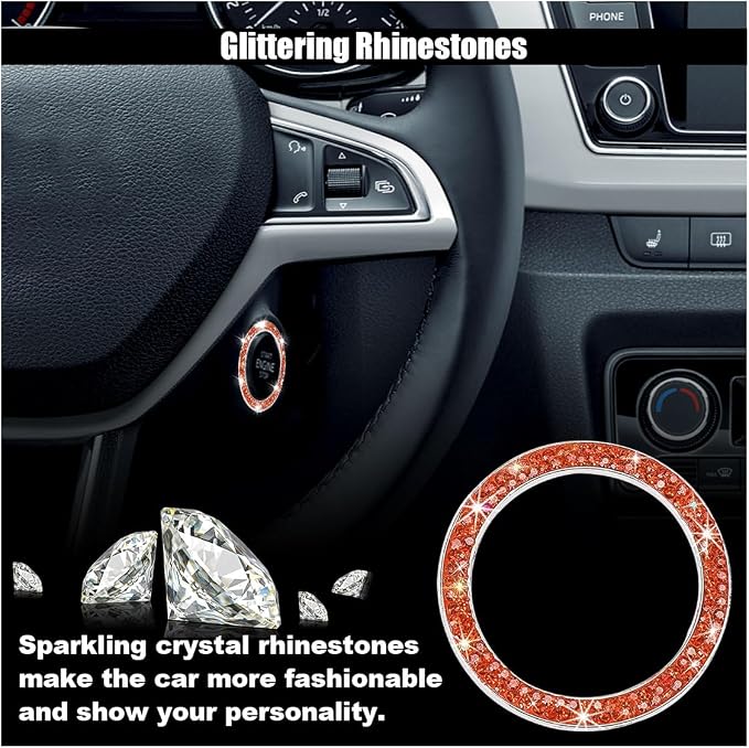 Car Bling Crystal Rhinestone Engine Start Decoration, Start Button Cover Sticker, Key Ignition & Knob Ring Decoration, Bling Car Interior Accessories for Women (Orange)