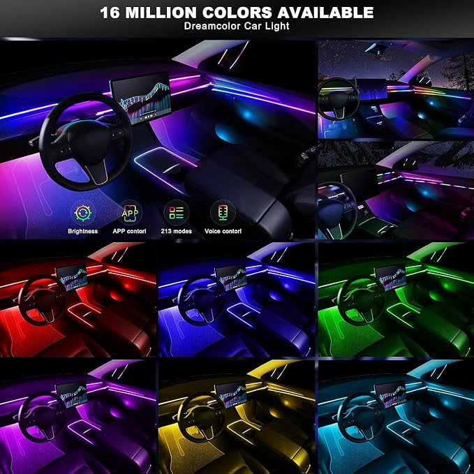 Acrylic Interior Car LED Strip Light with APP Remote Control, 4 in 1 RGB Dreamcolor Neon Flexible Strip Fiber Optic LED Ambient Lighting Kits,RGB Music Lights Sync for Inside car Decorations