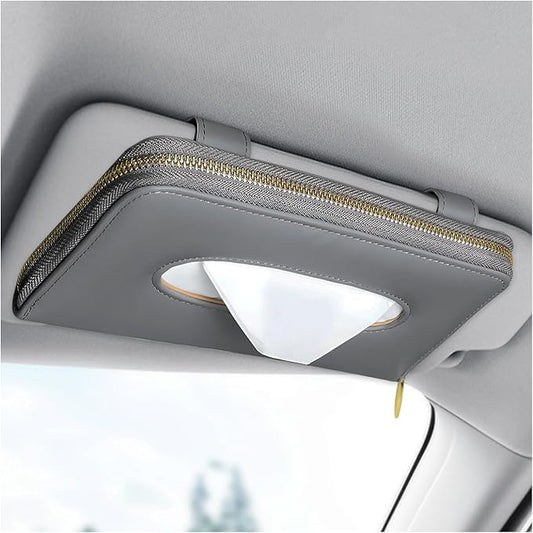 Car Tissue Box, Leather Auto Sun Visor Napkin Case Tissue Case Holder with Zipper, Sunvisor Paper Towel Storage Box Napkin Organizer for Most Vehicles, Car Accessories (Gray)