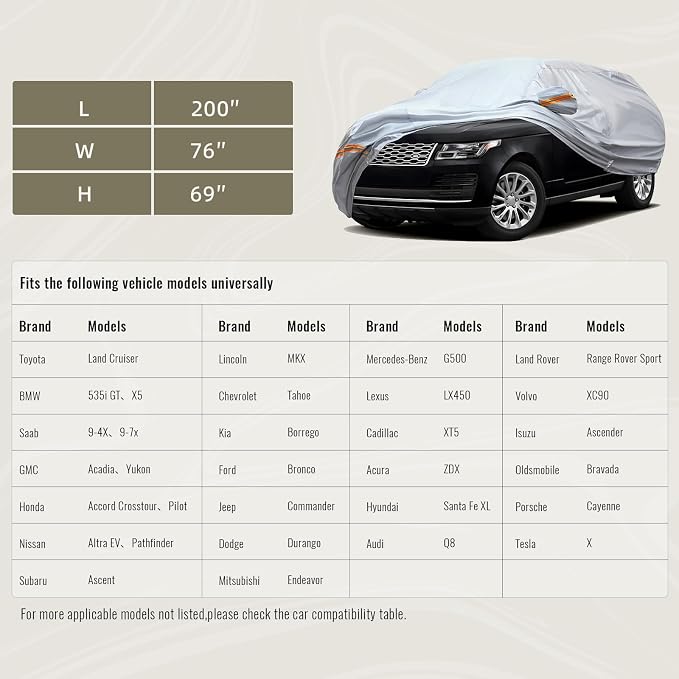 TUCAREST 6 Layers Full Car Cover for SUV- Waterproof, Insulated, Anti-UV, Snow-Proof, Anti-Wind, All-Weather, Thickened Protection, up to 200 in