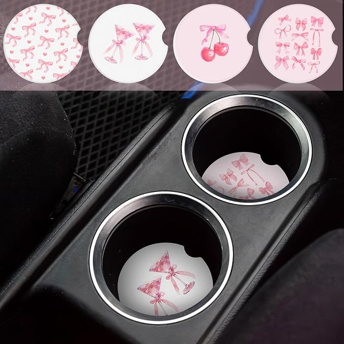 Boao 4 Pcs Car Cupholder Coasters for Valentine's Day, Ceramic Coasters 2.56'' Anti Slip Base with Finger Notch for Dry Clean, Car Interior Accessories, Birthday Gifts(Pink Bow)