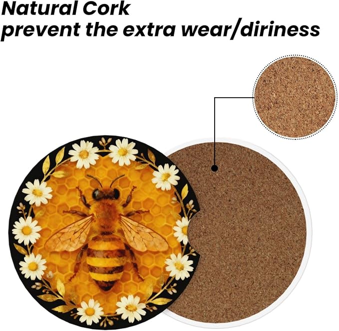 Bees Daisies Golden Honeycomb 2 Pack Car Cup Holder Coasters Absorbent Ceramic Drink Coasters 2.56" Anti Slip Cup Mat with Cork Base and Finger Notch Auto Accessories Interior for Women Men