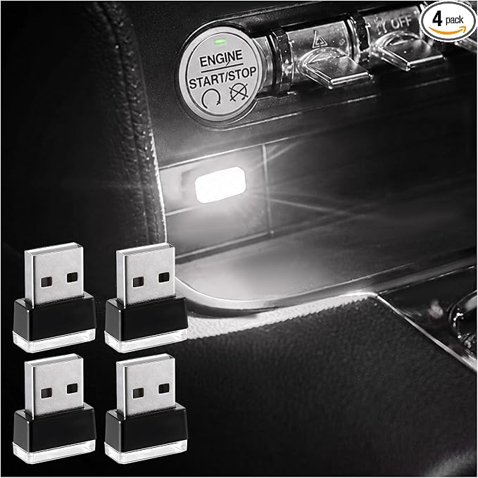 Augeny 4 PCS USB LED Car Interior Atmosphere Lamp, Plug-in USB Decor Night Light, Portable Auto Ambient Lighting Kit, Universal Vehicle Interior Accessories for Most Cars (White)