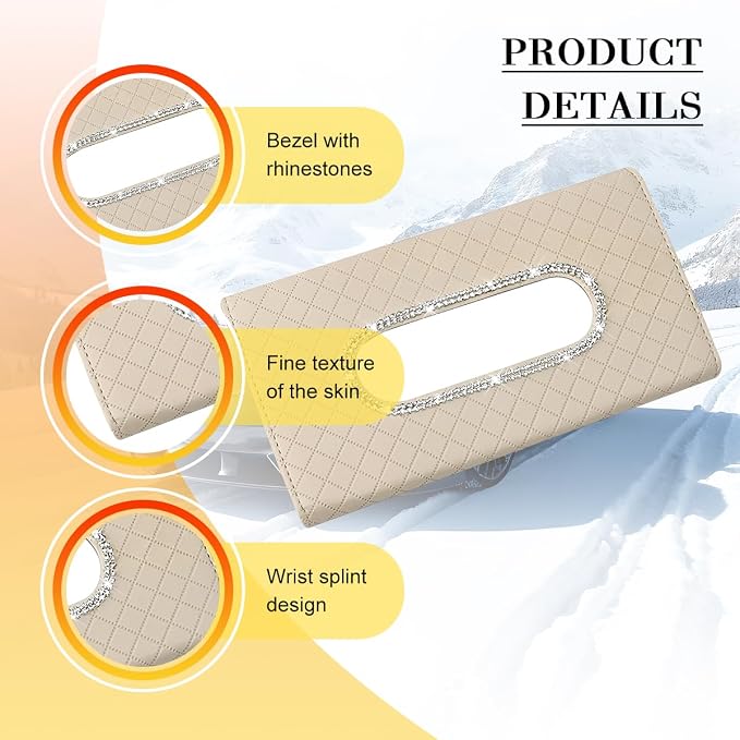 Bling Car Visor Tissue Holder, Crystal Rhinestones Vehicle Sun Visor Hanging Napkin Organizer Case with Ergonomic Take Out Port, Automotive Interior Tissue Dispenser, Universal Fit (Beige)