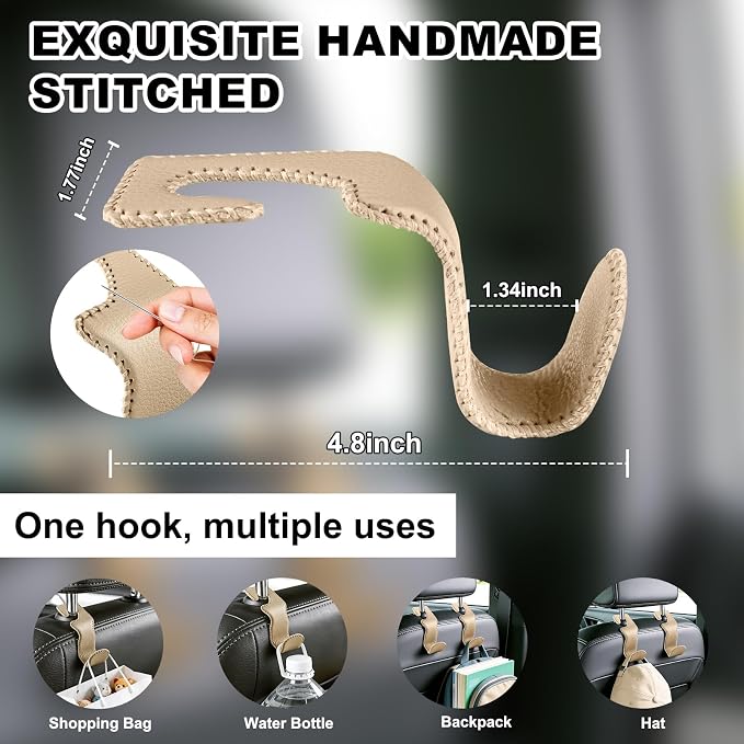 Car Seat Hooks for Purses and Bags, 2 Pack Car Purse Holder for Grocery Bag Handbag Clothes, Metal Headrest Hooks Covered by Leather, Beige