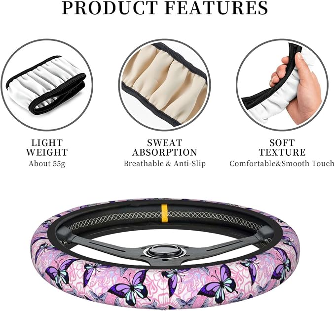 Pink Floral Purple Butterfly Pretty Steering Wheel Cover For Women Men Girls Car Accessories Decor Anti-Slip Neoprene Auto Steering Wheel Covers Protector Universal 15 Inch