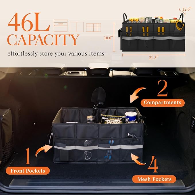 HOTOR Trunk Organizer - Car Organizer with 5 Pockets, Trunk organizer for SUV, Sedan & Van, Car Organization with Sturdy Base Panel for Car Accessories, Black, 2 Compartments, 21.3"×12.6"×10.6"