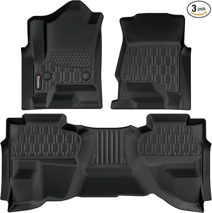 Floor Mats Compatible with 2014-2018 Chevrolet Silverado & GMC Sierra 1500 2500 3500 Double Cab, All Weather TPE Floor Liners, Custom Fit Car mats, 1st & 2nd Row, Black