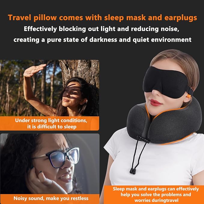 MLVOC Neck Pillow for Traveling, Upgraded 100% Pure Memory Foam Travel Neck Pillow for Airplane Flight Sleep, Breathable & Machine Washable Cover, Travel Kit with 3D Eye Mask, Earplugs & Bag, Black | Curved Neck & Chin Support, Rope Lock Fit, Memory Fo...