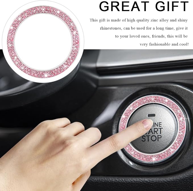 Car Bling Crystal Rhinestone Engine Start Ring Decals, Sparkling Diamond Car Push Start Button Ignition Ring Sticker, Auto Key Ignition Knob Ring Decoration for Women Girls (Pink)