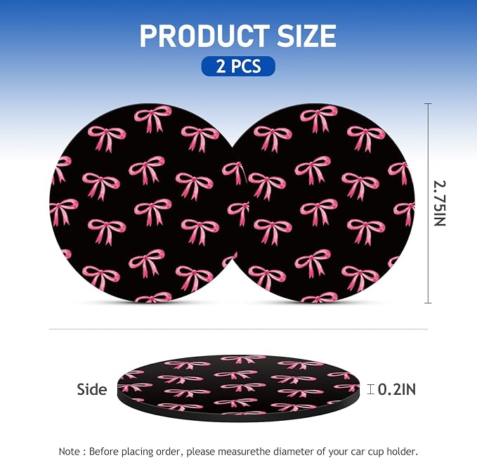 Car Coasters for Cup Holders, Car Cup Holder Coaster, Cute Car Accessories for Women Interior, 2 Pack 2.75" Anti Slip Silicone Cup Mat - Black Pink Ribbon Bow (Black Bows)